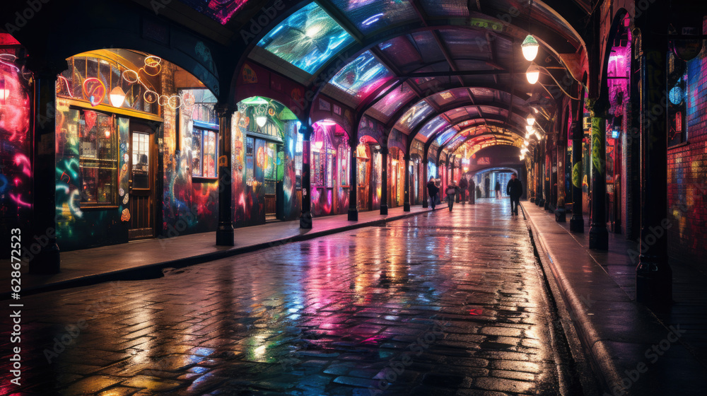 Hintergrund urbane Street Art Tunnel und Gebäude mit Neon Beleuchtung und Licht Effekte