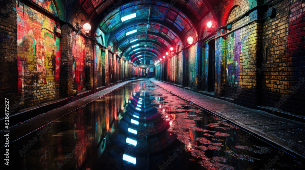 Hintergrund urbane Street Art Tunnel und Gebäude mit Neon Beleuchtung und Licht Effekte