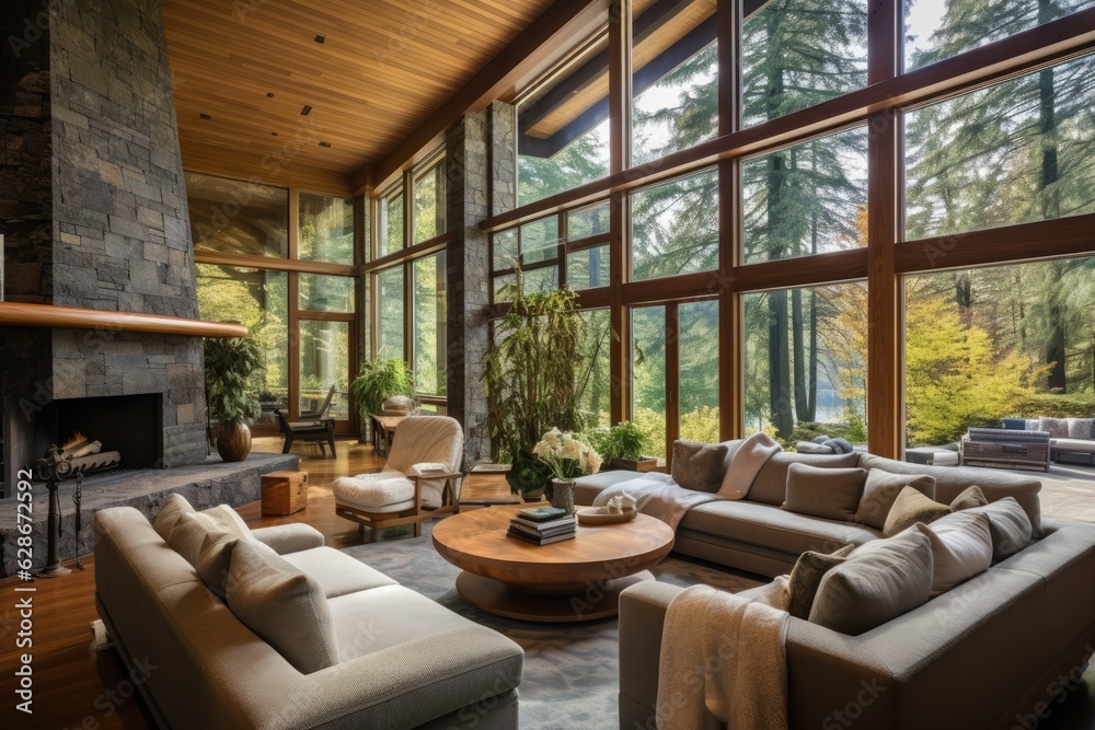 This contemporary luxury home boasts a spacious open living room with a vast stone fireplace encompassing the area. The room is adorned with a generous number of windows, allowing ample natural light