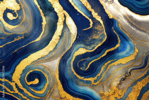 Blue and golden acrylic liquid ink swirl abstract background with ravishing turbulence wavy pattern and detailed texture. Luxury fluid liquid art by Generative AI.