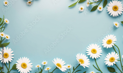 Beautiful daisies on a blue background, copy space. Generative AI. © Anton Dios