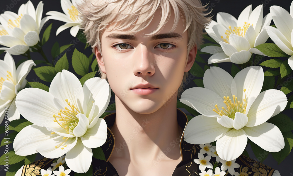 Portrait of a handsome young man on a background of flowers. Generative AI