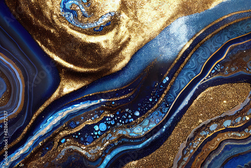 Blue and golden acrylic liquid ink swirl abstract background with ravishing turbulence wavy pattern and detailed texture. Luxury fluid liquid art by Generative AI.