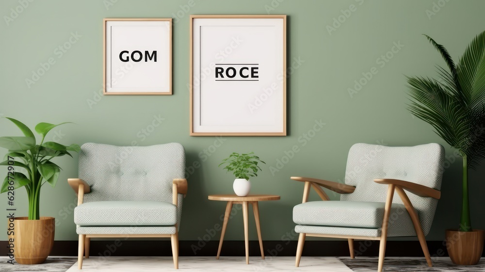 Front view of a modern luxury living room in green colors. Green wall with poster templates, comfortable mint color armchairs, coffee table, green plants in flower pots. Mockup. Front view of a modern luxury living room in green colors. Green wall with poster templates, comfortable mint color armchairs, coffee table, green plants in flower pots. Mockup.