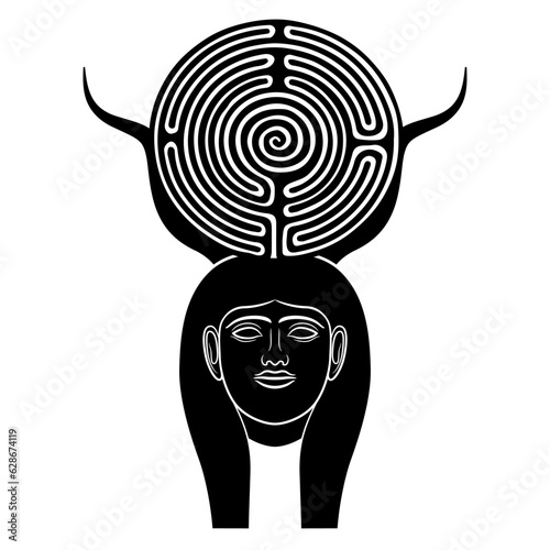 Head of ancient Egyptian goddess Hathor with animal horns and a round spiral maze or labyrinth symbol. Creative mythological concept. Black and white silhouette.