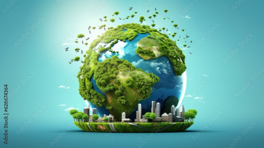 Symbolic image of the globe with elements of human activity and nature. Environment, save clean planet, ecology concept. Saving nature for future generations. Earth Day banner with copy space. Symbolic image of the globe with elements of human activity and nature. Environment, save clean planet, ecology concept. Saving nature for future generations. Earth Day banner with copy space.