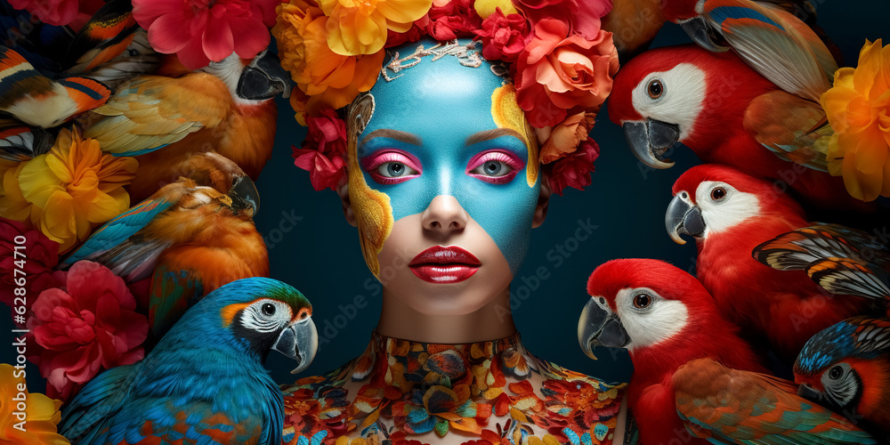 A beautiful fashion woman is surrounded by colored flowers and parrots, in the style of surreal fashion photography. woman with colorful makeup and parrots, birds by her side. digital ai	