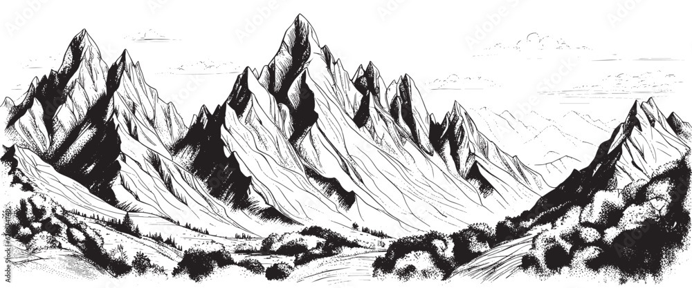 Vector sketch of hand drawn graphic mountain ranges and pine forest ...