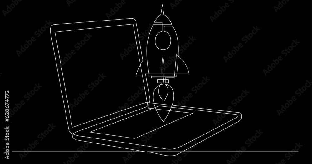 continuous line drawing vector illustration with FULLY EDITABLE STROKE of laptop computer with business icon concept on black background