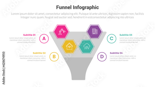 funnel shape infographics template diagram with big funnel and small honeycomb spreading on top and 4 point step creative design for slide presentation