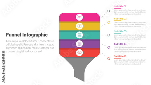 funnel shape infographics template diagram with round square reverse bottle and 5 point step creative design for slide presentation
