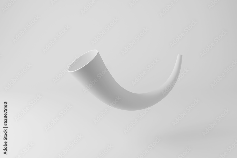White ancient blowing horn floating in mid air on white background in monochrome and minimalism. Illustration of the concept of communication and celebrations