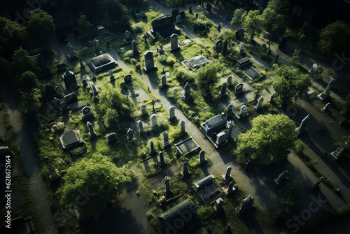 Cemetery with monuments  top view. Generative AI