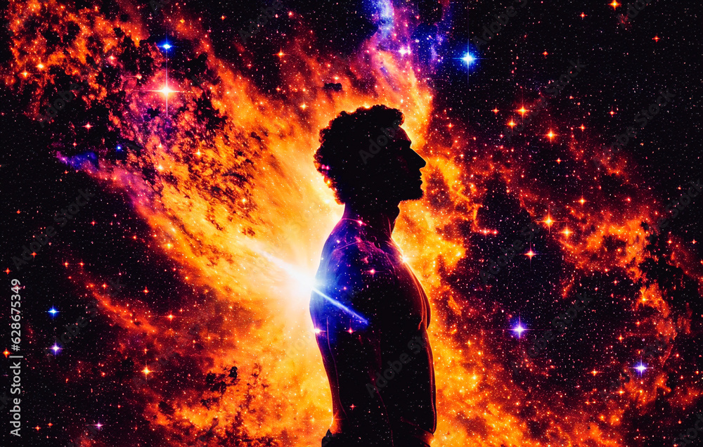 Man silhouette in space with stars and nebula. The concept of God in the image of a man against the background of the universe. Generative AI. Man silhouette in space with stars and nebula. The concept of God in the image of a man against the background of the universe. Generative AI.