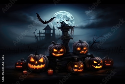Halloween background with pumpkins and witch's house, vector illustration
