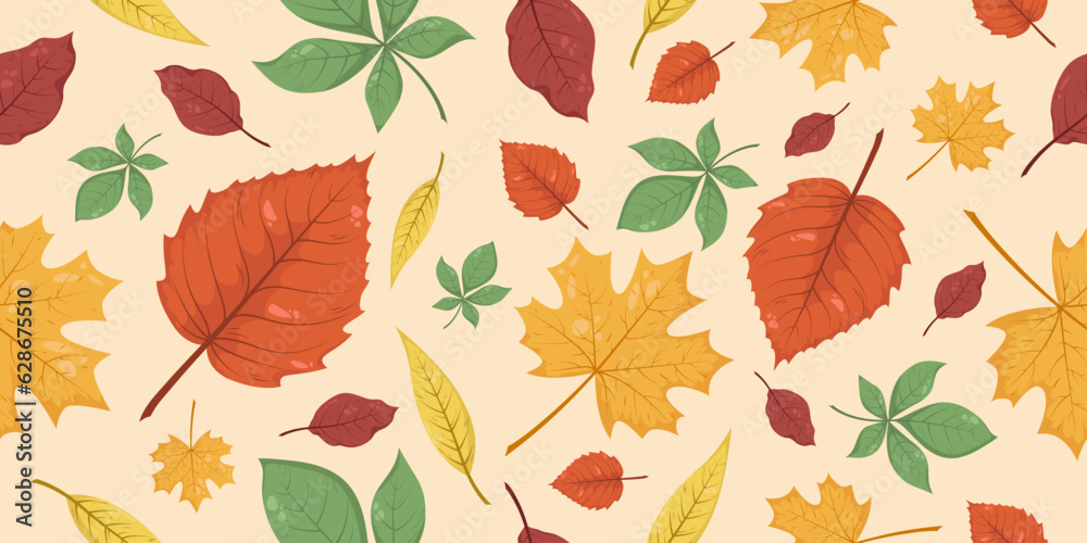 Seamless pattern with autumn fall leaves in Beige, Red, Brown, green and Yellow. Perfect for wallpaper, wrapping paper, web sites, background, social media, blog and greeting cards.