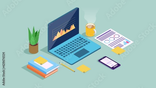 2D Animations of Laptop, business, and Office-related isometrics. Icons for graphs, smartphones, documents, plants, etc. with the object on the table, and Graph animation in the laptop screen.