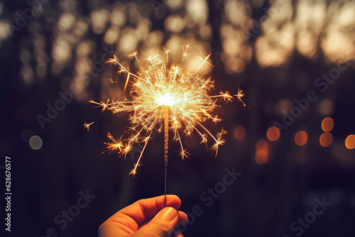 Woman hand holding a burning sparkler on natrue background. Christmas and new year sparkler holiday background. Generative ai