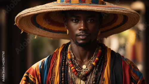 A black man wearing traditional cultural attire, conical straw hat, loose clothes, colorful african attire