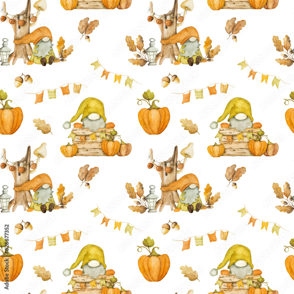 Fototapeta premium gnome, dwarf, harvest, leaf, drawing, watercolor, illustration, seamless, pattern, autumn, thanksgiving, art, character, hat, card, cute, cartoon, fall, elf, funny, scandinavian, nordic, design, fairy