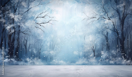 Hintergrund Winter Landschaft in weiß und blau - Schnee und Eis im Wald - Schneebedeckte Wiese und Bäume mit Platz für Bild oder Produkt © Karat