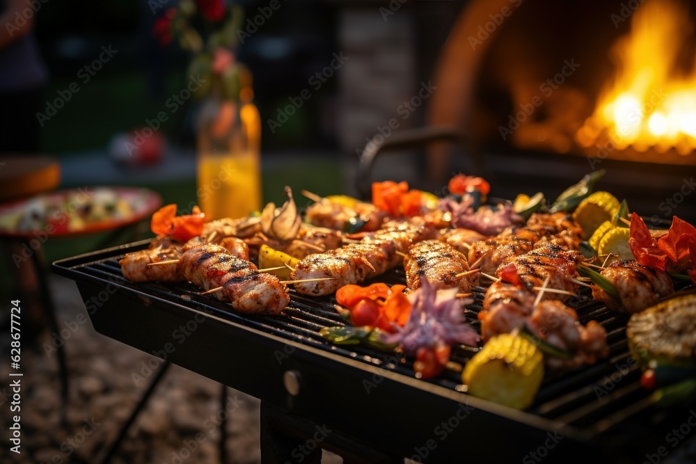Close up BBQ, scampi’s, fire Evening, garden party, professional Photography generative AI