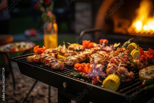 Close up BBQ  scampi   s  fire Evening  garden party  professional Photography generative AI
