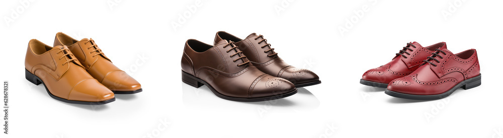 transparent background cutouts of classic formal occasion shoes collection Set of classical leather Cap Toe Oxfords and Wingtip brogue shoes in different styles and colors