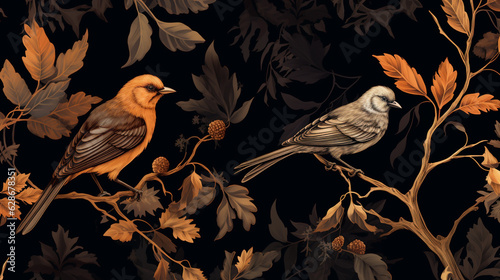 Vintage Bird Wallpaper Pattern on Bold Black Background - In Rococo Style - Branches and Dried Leaves - Generative AI © AnArtificialWonder