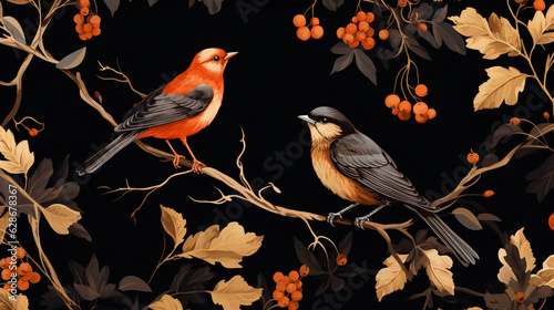 Vintage Bird Wallpaper Pattern on Bold Black Background - In Rococo Style - Branches and Dried Leaves - Generative AI