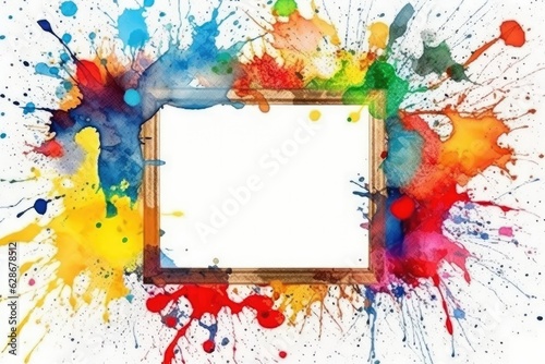 Various watercolor paints on a blank white background, artist's frame in collage style.