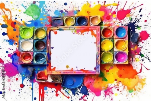 Various watercolor paints on a blank white background, artist's frame in collage style.