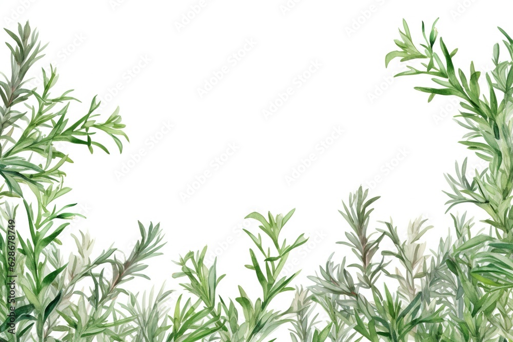 Page border of the herb rosemary, watercolor in the style of Mary Whyte, white background generative AI