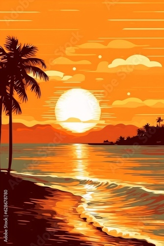 Generative AI : Beautiful natural sunset on tropical sandy beach A seascape with an orangegolden sky creates peaceful calm mood for summer vacation travel holiday