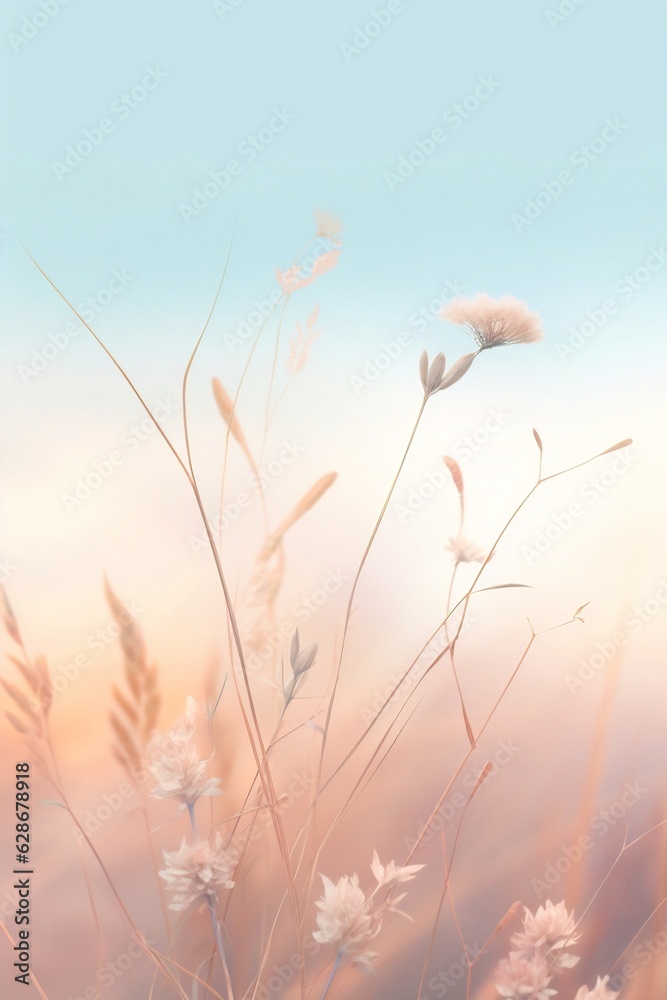 Generative AI : Abstract soft translucent atmospheric natural background in pastel light colors Blooming field grass closeup macro in blue and pink tones gentle artistic image copy space Generative AI : Abstract soft translucent atmospheric natural background in pastel light colors Blooming field grass closeup macro in blue and pink tones gentle artistic image copy space