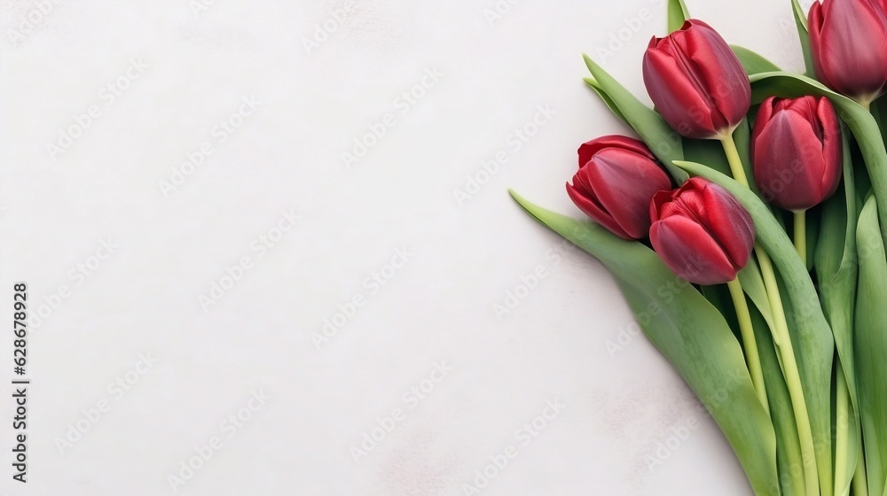 Generative AI : Bouquet of scarlet tulips isolated on white background with free space for congratulatory text Generative AI : Bouquet of scarlet tulips isolated on white background with free space for congratulatory text