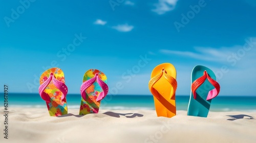 Generative AI : Beautiful colorful background for summer beach holiday Sunglasses starfish turquoise flipflops on sandy tropical beach against blue sky with clouds on bright sunny day