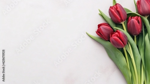 Generative AI : Bouquet of scarlet tulips isolated on white background with free space for congratulatory text