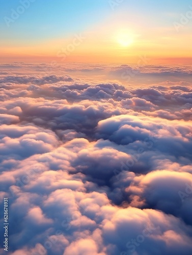 Generative AI : Blue bright clear sky above the clouds from the airplane window aerial view Beautiful texture of fluffy clouds Airy light artistic image for dreams and travel