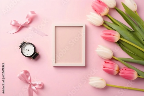 Generative AI : Bouquet pink flowers tulips and gift diary with festive ribbon on white table top view with copy space for message Congratulatory background template for birthday