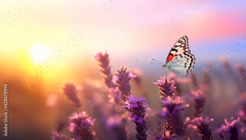 Generative AI : Amazing beautiful colorful natural scenery Lavender flowers and two butterfly in rays of summer sunlight in spring outdoors on nature macro soft focus Atmospheric photo gentle artistic