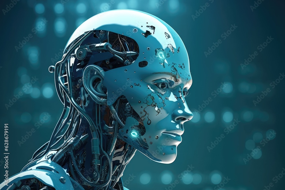 Technological perspective on anatomy with artificial head of a robot, strong facial expression and precision effect. Technological perspective on anatomy with artificial head of a robot, strong facial expression and precision effect.