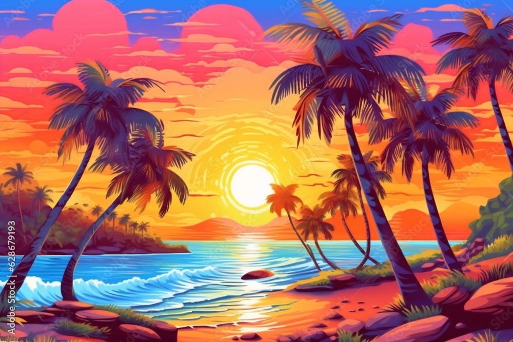 Generative AI : Beautiful tropical landscape colorful sunset with a silhouette of a palm tree over the ocean beach Maldives island