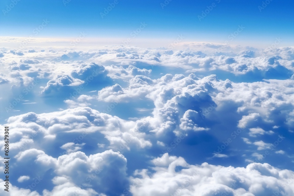 Generative AI : Blue bright clear sky above the clouds from the airplane window aerial view Beautiful texture of fluffy clouds Airy light artistic image for dreams and travel Generative AI : Blue bright clear sky above the clouds from the airplane window aerial view Beautiful texture of fluffy clouds Airy light artistic image for dreams and travel