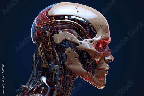 Technological perspective on anatomy with artificial head of a robot  strong facial expression and precision effect.