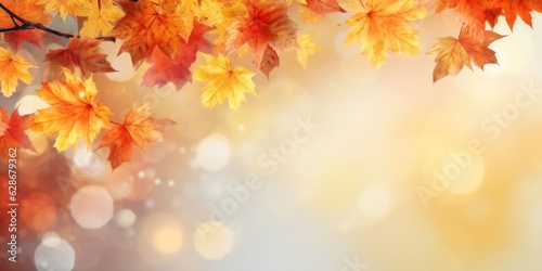 Generative AI   Autumn floral panoramic background Colorful yellow and red maple foliage on a sunny day Autumnal Park Autumn branches trees and leaves in nature free copy space