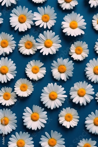 Generative AI : Beautiful background image of glade of bright blooming daisies Matricaria recutita on summer warm sunny day A lot of flowers of daisies top view