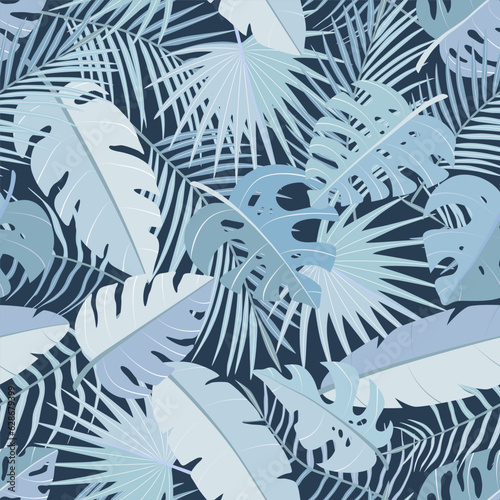 Seamless pattern of different tropical palm leaves  jungle Monstera  banana leaves. Exotic boho collection of plant. Botanical vector illustration for greeting card  wallpaper  wrapping paper  fabric
