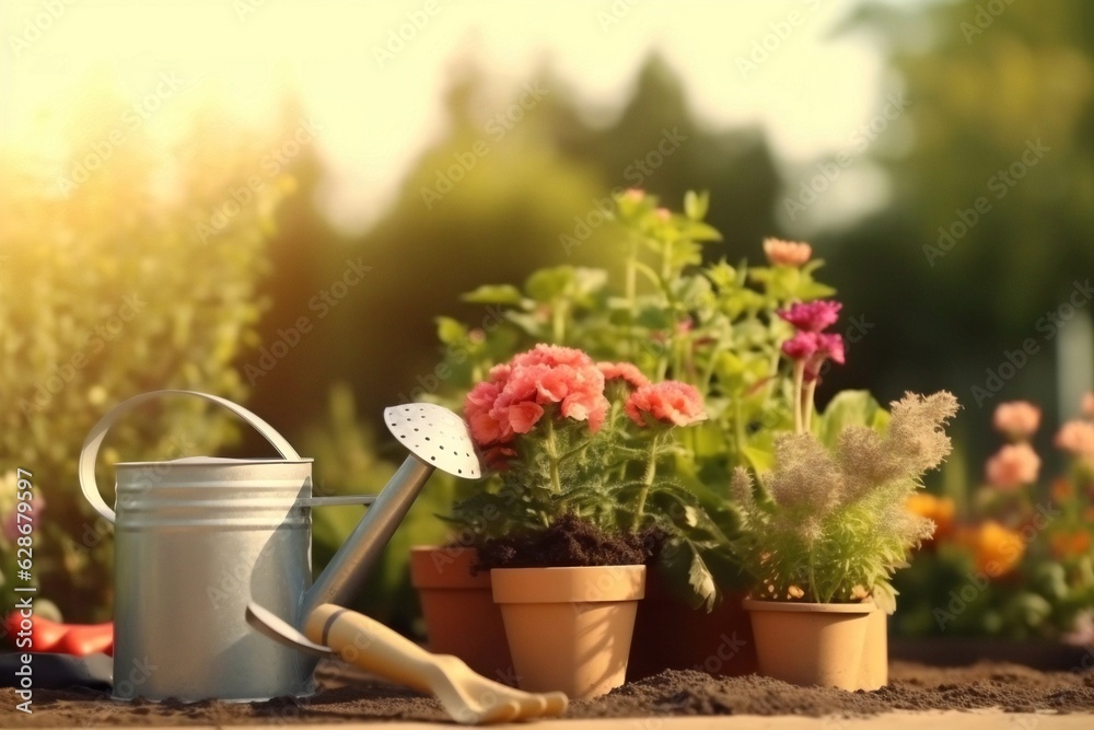 Generative AI : Concept background for gardening Begonia flowers a garden watering can gloves small shovel sprouts in a garden wheelbarrow on a green lawn with daisies in the sunlight Free space for t