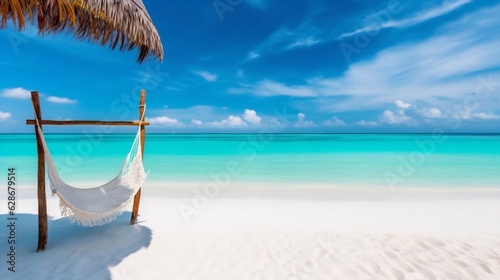 Generative AI : Beautiful natural tropical landscape beach with white sand and Palm tree girl is resting on a swing Turquoise ocean on background blue sky with clouds on sunny summer day island Maldiv